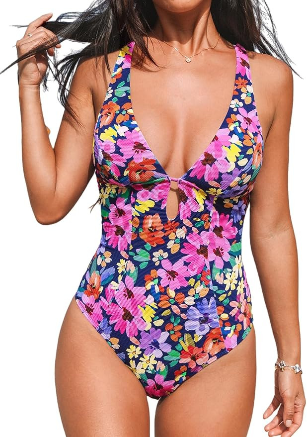 CUPSHE Women's One Piece Swimsuit Deep V Neck Keyhole Cutout O Ring Textured Bathing Suit | Amazon (US)