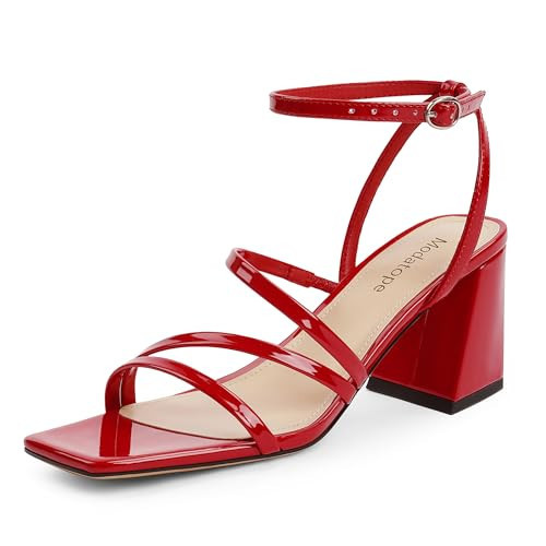 Modatope Women Strappy Heels Square Open Toe Chunky Heeled Sandals for Women Red Block Heels Patent Leather Red Strappy Heels for Women Size 9 | Amazon (US)