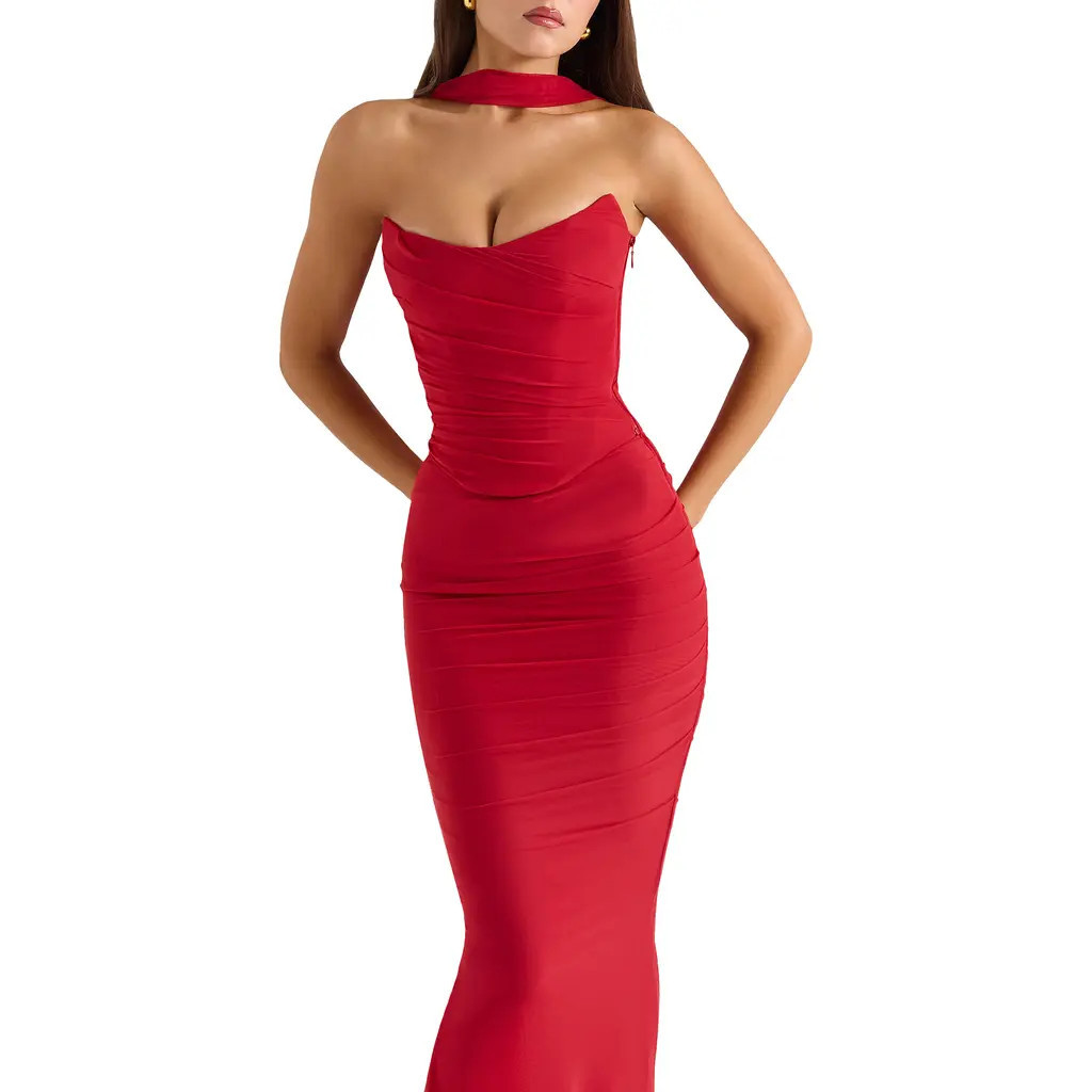 HOUSE OF CB Hallie Corset Top & Scarf in Hauted Red at Nordstrom, Size X-Small D | Nordstrom