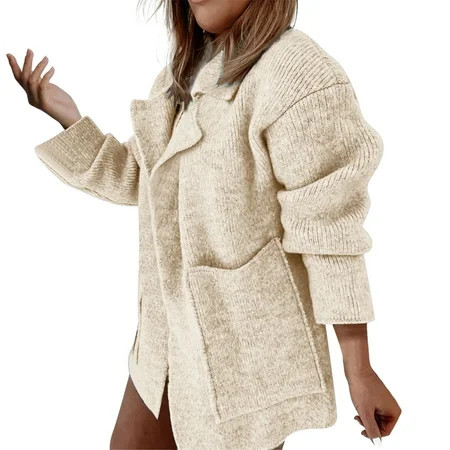 Noarlalf Cardigan Sweaters For Women Cardigan For Women Women S New Street Suit Collar Large Pocket Loose Knitted Cardigan Sweater Coat Winter Coats For Women Beige M | Walmart (US)
