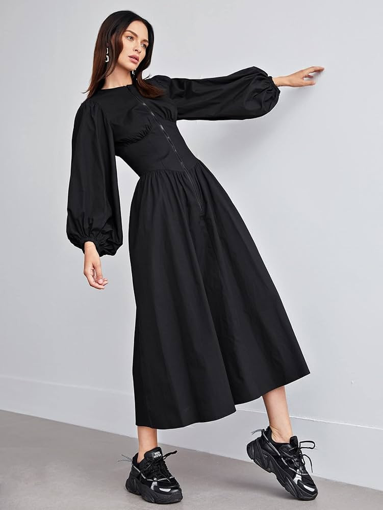 NACUII Long Dress for Women's Round Neck Zip Front Lantern Sleeve Solid Dress Long Sleeve | Amazon (US)
