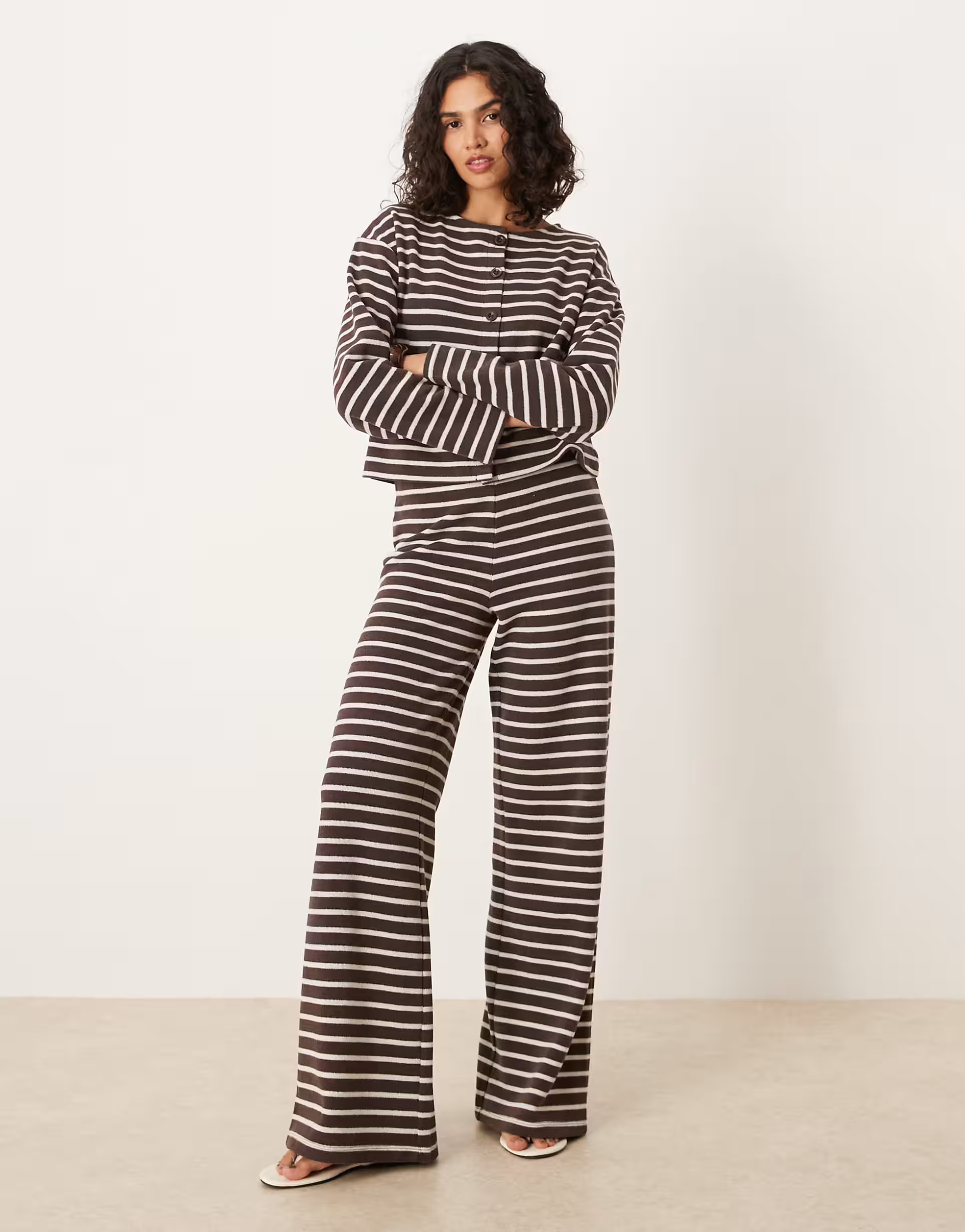 ASOS DESIGN brushed stripe wide leg co ord trousers in chocolate | ASOS (Global)