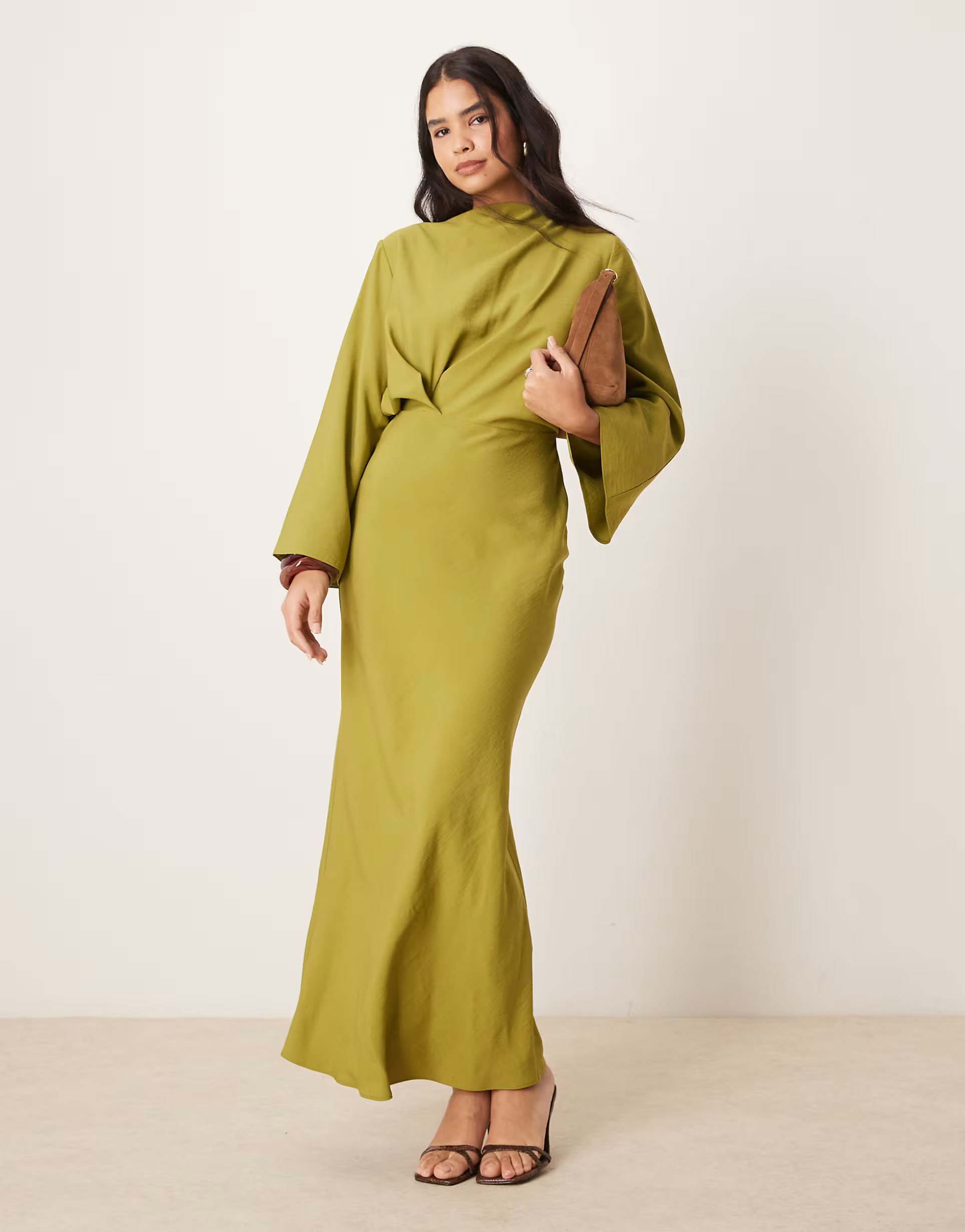 ASOS DESIGN long sleeve tucked waist bias maxi dress in olive green | ASOS (Global)