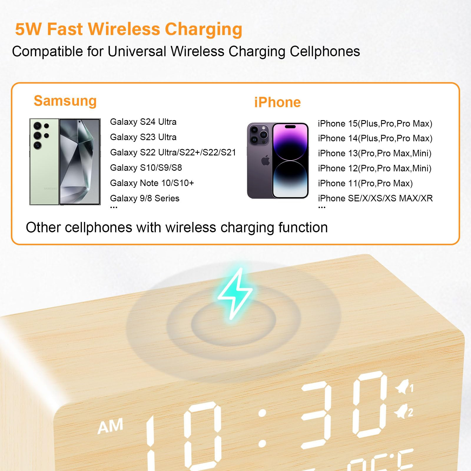 Andoolex Wooden Digital Alarm Clock with Wireless Charging, 0-100% Adjustable Brightness Dimmer a... | Amazon (US)