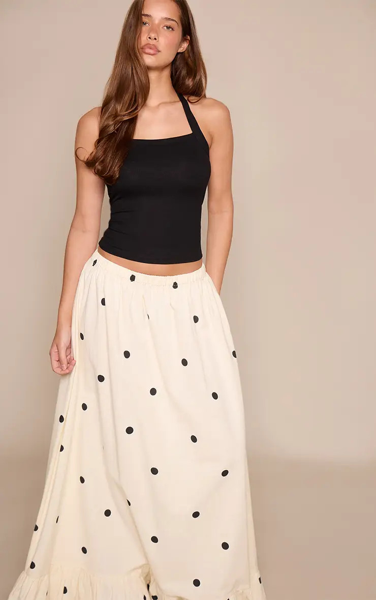 White Polka Dot Linen Look Tiered Floaty Maxi Skirt | PrettyLittleThing UK