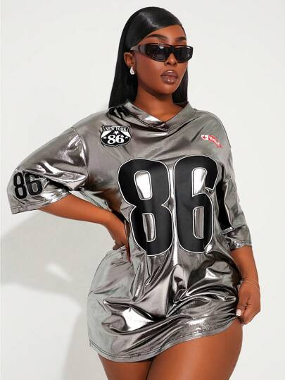 SHEIN SXY Sporty Metallic Silver Jersey Club Oversized Tee, Suitable For Cheering Squad, Ball Gam... | SHEIN