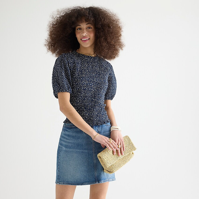 Puff-sleeve textured voile smocked top in dot | J. Crew US