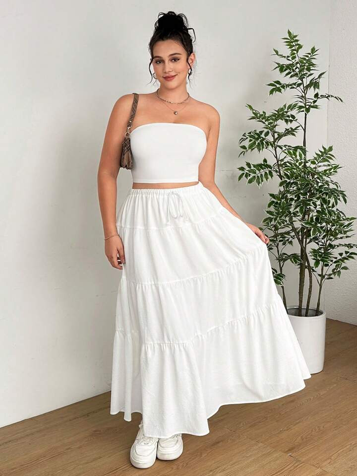 SHEIN EZwear Plus Size Women's White Strapless Top And Skirt Set, 2pcs | SHEIN
