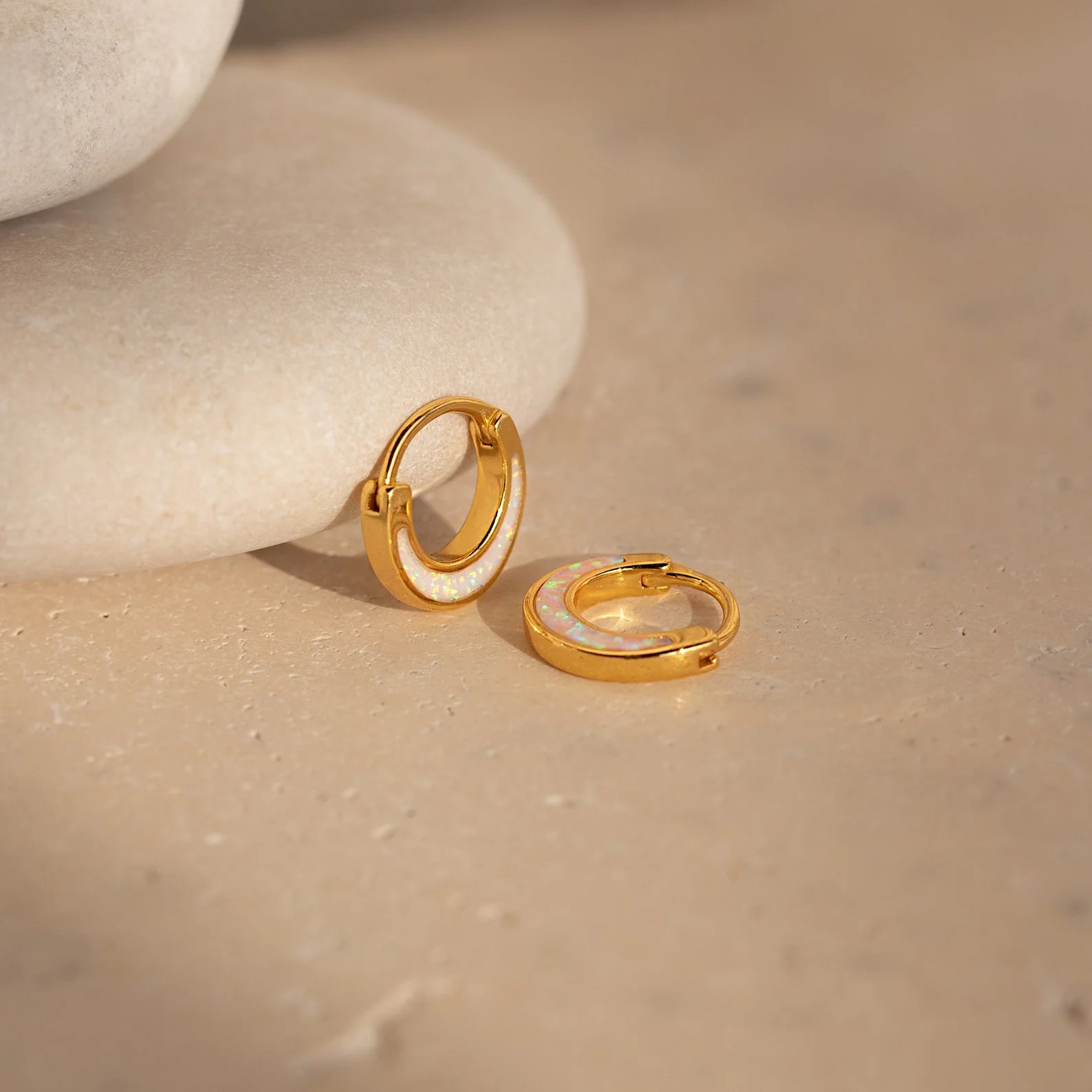 Dainty Crescent Moon Opal Huggie Hoops | Caitlyn Minimalist | Caitlyn Minimalist