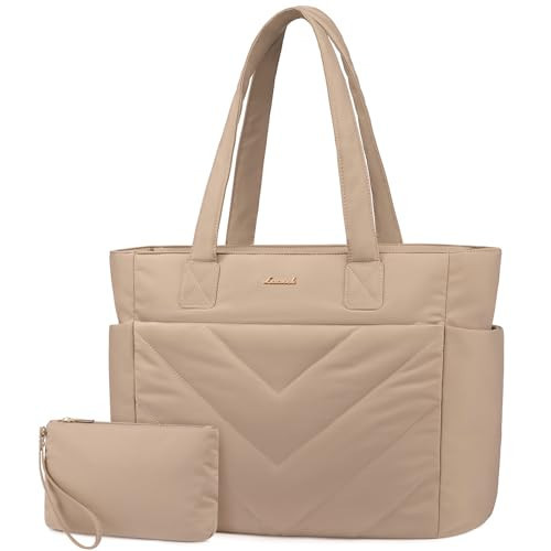 LOVEVOOK Tote Travel Bag for Women, Puffer School Work Bag with Zipper for Teacher Nurse, Quilted Laptop Shoulder Cute Purse for Beach Gym, Khaki | Amazon (US)