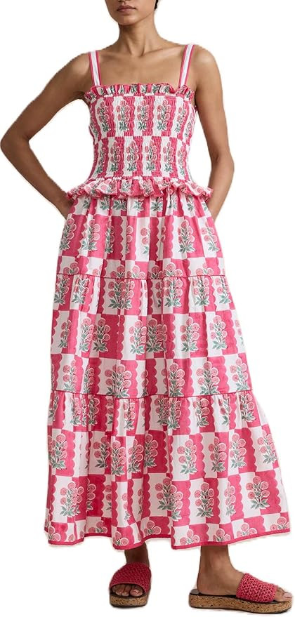 Womens Summer Flowy Smocked Beach Dresses Y2K Floral Contrast Color Boho Shoulder Tie Shirred Max... | Amazon (US)