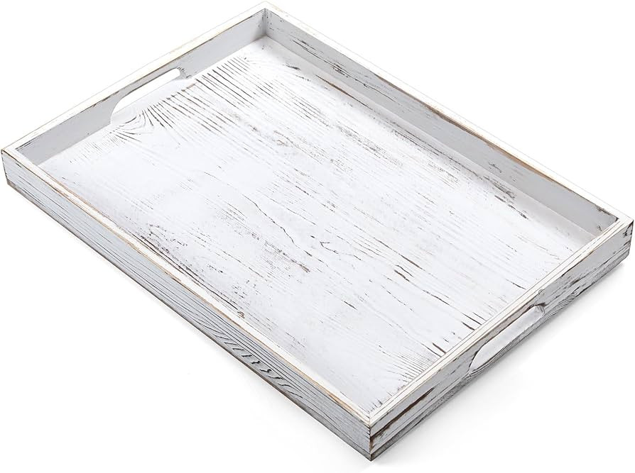 17 Inch Rustic White Serving Tray with Handles - Large Wooden Tray for Ottoman, Breakfast in Bed,... | Amazon (US)