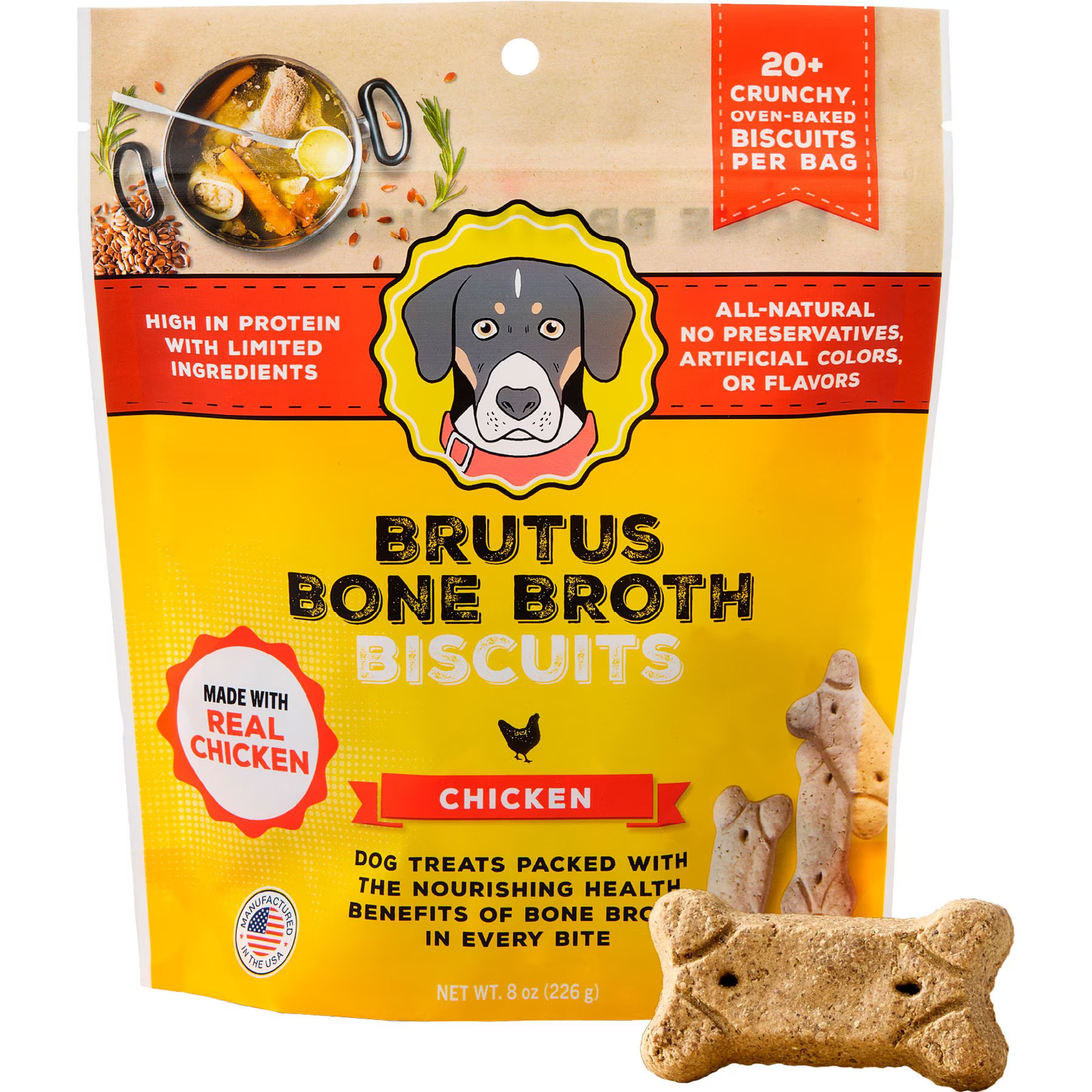 Brutus Broth Bone Broth Chicken Biscuits Natural Limited Ingredient Crunchy Dog Treats, 8-oz bag​ | Chewy