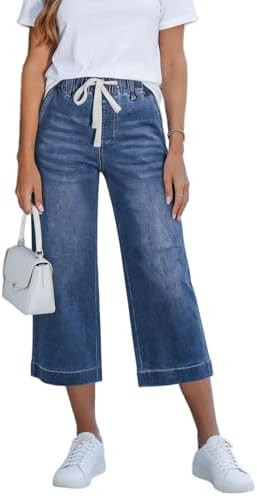 Wide Leg Capris Jeans for Women High Waisted Pull On Stretchy Denim Pants Summer Stretch Cropped ... | Amazon (CA)