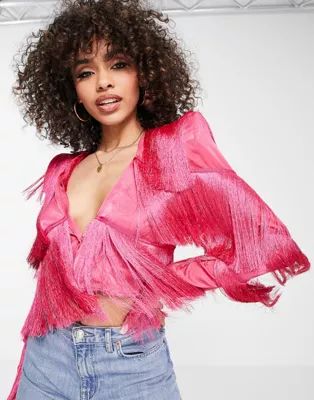 ASOS LUXE fringed top with shoulder pads in hot pink | ASOS (Global)