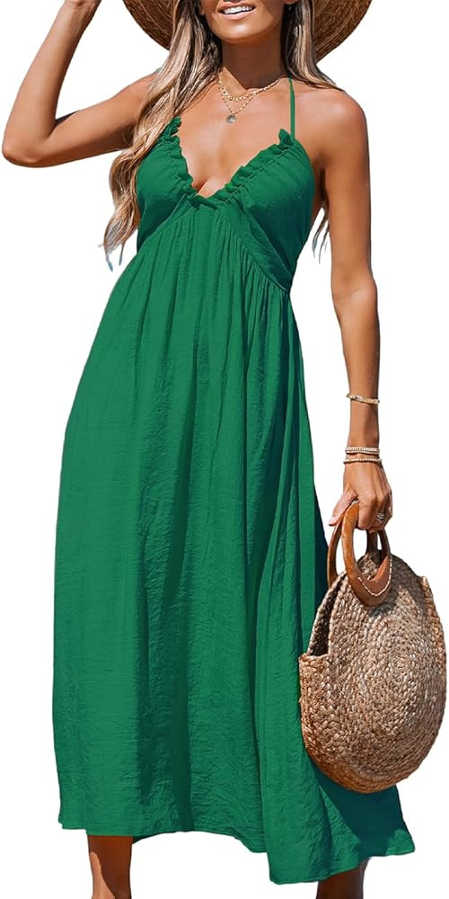 CUPSHE Women's Backless Beach Dress Halter Neck Ruffle Plunge V Neck Maxi Mini Sundress Summer Dr... | Amazon (US)