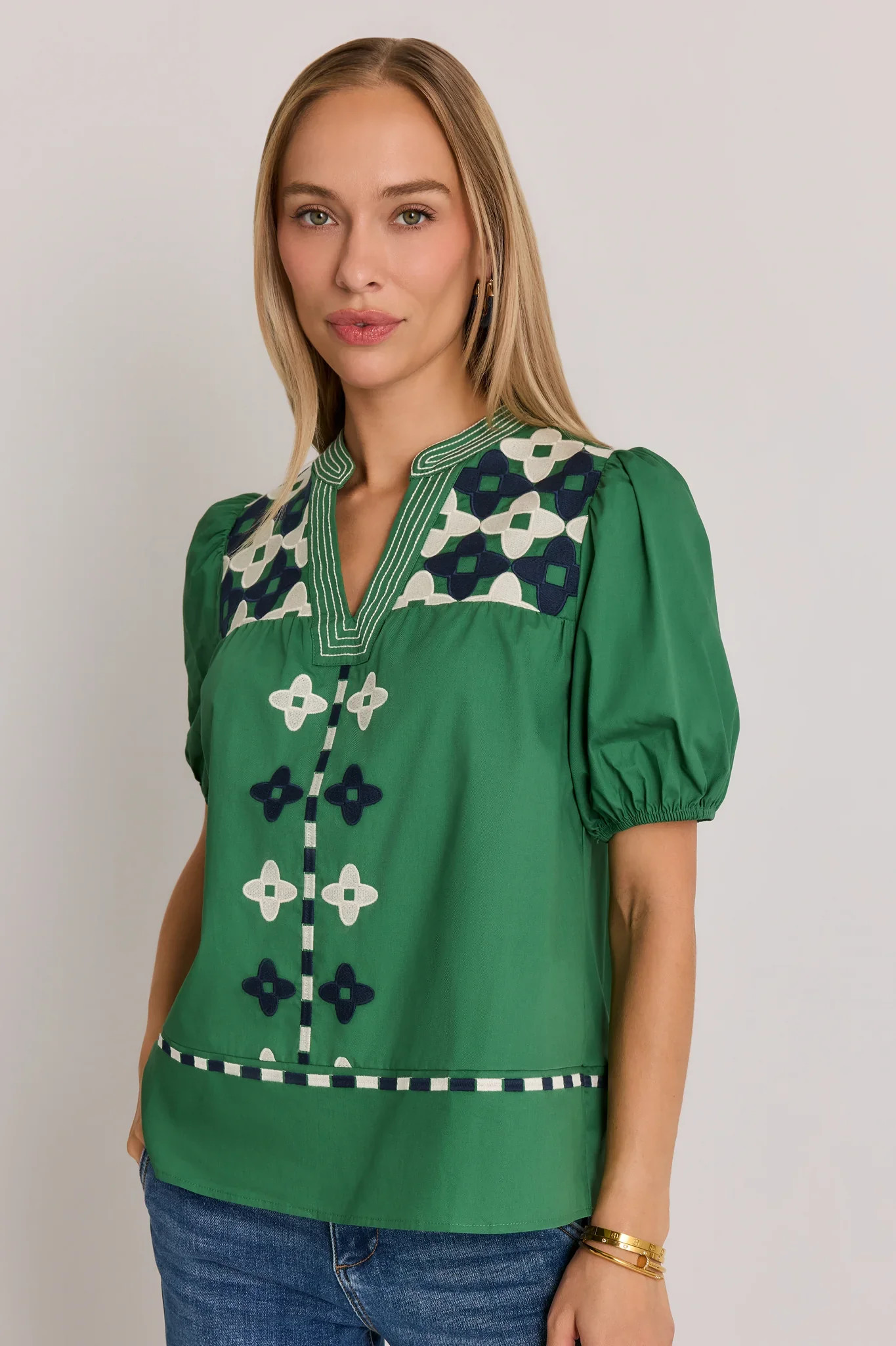 Green Contrast Embroidery Split Neck Top | Avara