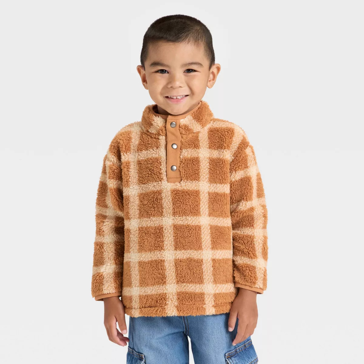 Toddler Boys' Faux Shearling Mock Neck Pullover Sweatshirt - Cat & Jack™ Brown 12M | Target