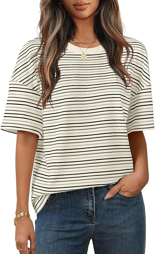 MEROKEETY Women's Summer Short Sleeve Shirt Casual Colourful Striped Crewneck Loose Tops Blouse | Amazon (US)