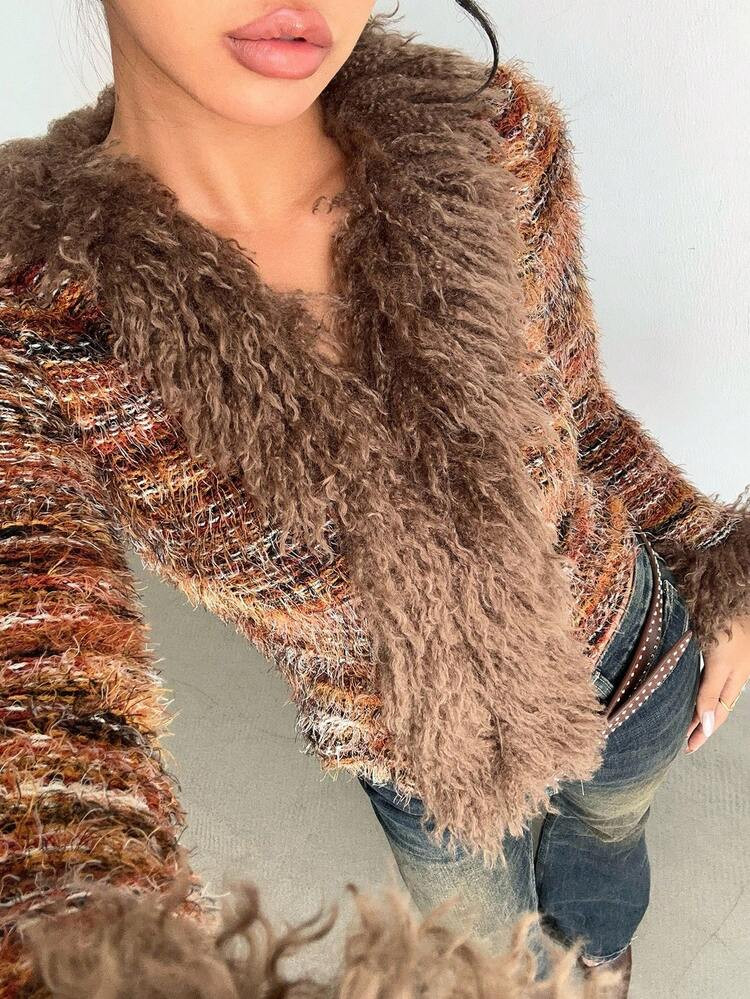 Aloruh Women's Music Festival Faux Fur Patchwork Long Sleeve Top, Autumn/Winter,Fall,Y2K,Long-Sle... | SHEIN