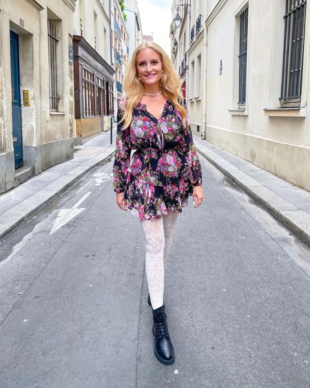 This gorgeous floral mini dress is on major sale right now, run and get it while you can! Size down one size for a better fit. Also these black combat boots were great for walking around Paris and are such a good price! 

#LTKSeasonal #LTKsalealert #LTKshoecrush