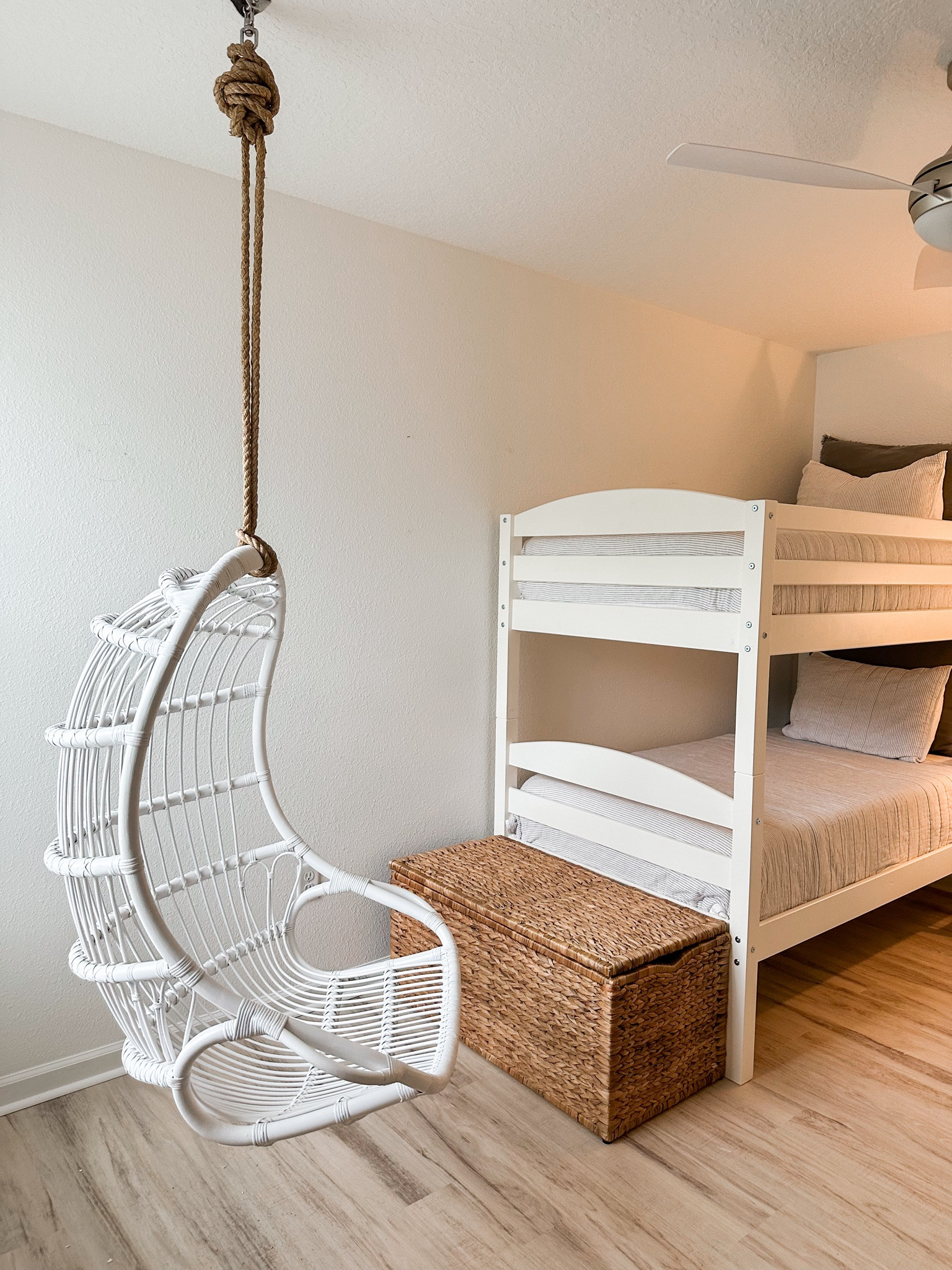 Serena and Lily rattan hanging chair on sale and these bunk beds are such a great deal! #bunk room #kids room #coastalhomedecor #beachhouse #roomdecor #serenaandlily #bunkbeds 

#LTKsalealert #LTKhome #LTKkids