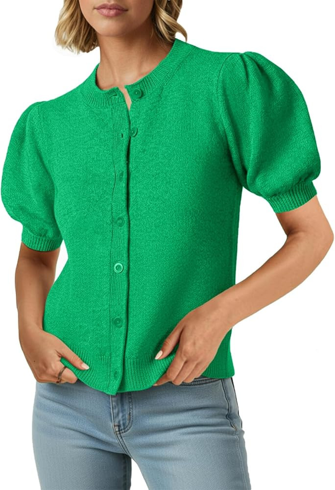 Saodimallsu Womens Puff Short Sleeve Cardigans Casual Summer Button Down Lightweight Knit Crew Ne... | Amazon (US)