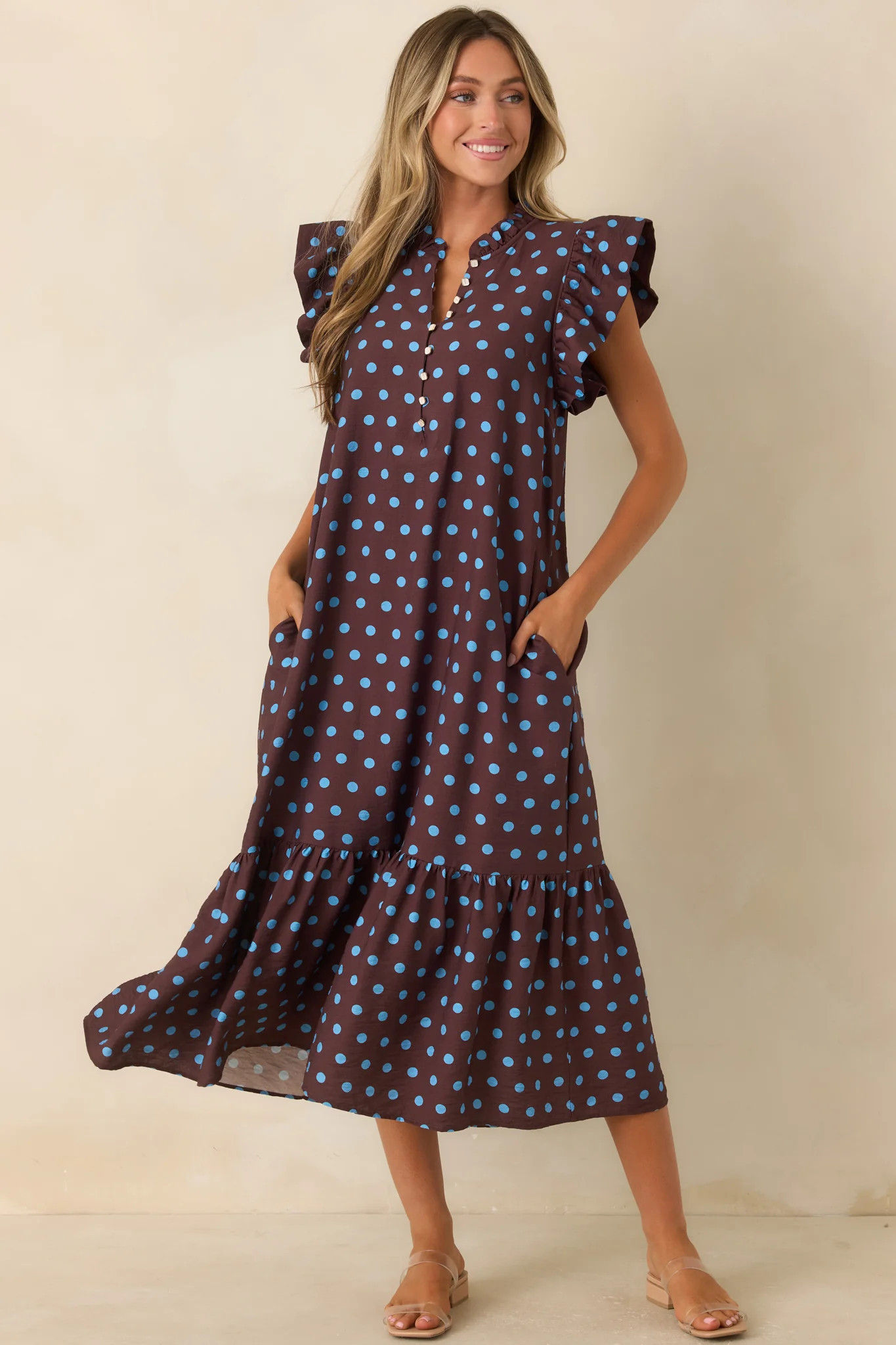 Get a Corner Table Brown & Blue Polka Dot Flutter Sleeve Midi Dress M / Brown | Red Dress