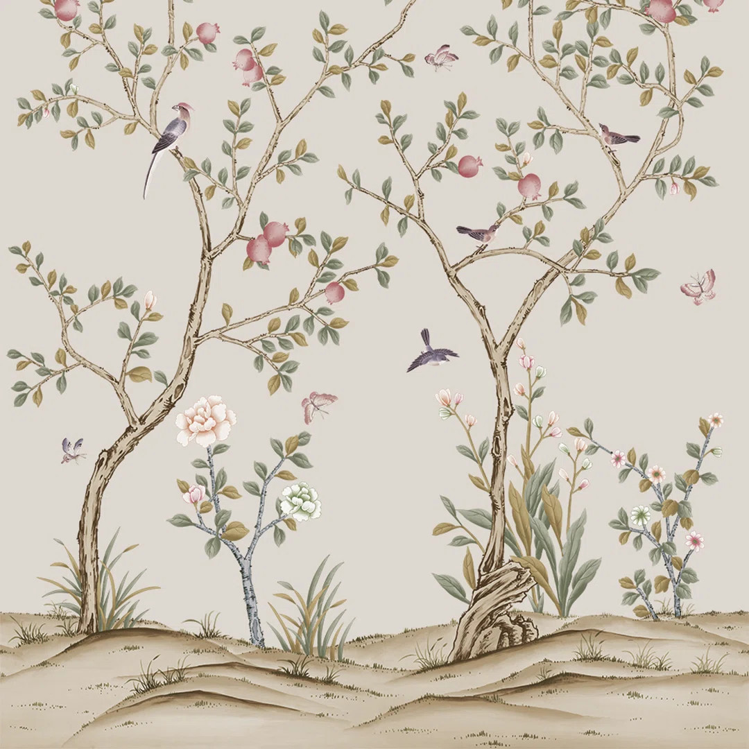 Cherica Chinoiserie Pomegranate 108" L x 78" W Peel and Stick Wallpaper Mural | Birch Lane