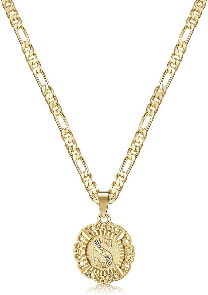 KissYan Initial Necklace For Women Girl,14K Gold Plated Round Letter Pendant Necklace Capital Mon... | Amazon (US)