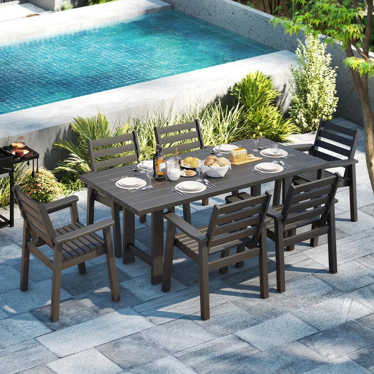 Immie 7- Piece HDPE Outdoor Dining Table Set With Chairs & Umbrella Hole, Black | Wayfair North America