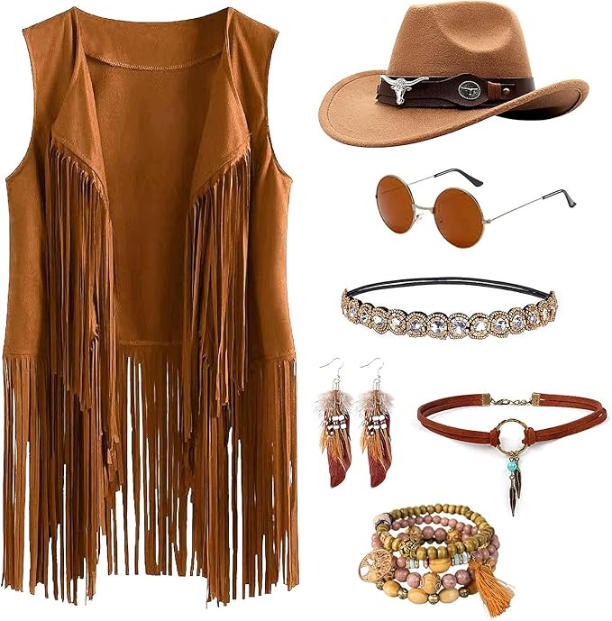 Jokureao 7Stück Hippie Kleidung Damen Set, Cowgirl Western Outfit, Hippie Kostüm Damen Set mit ... | Amazon (DE)