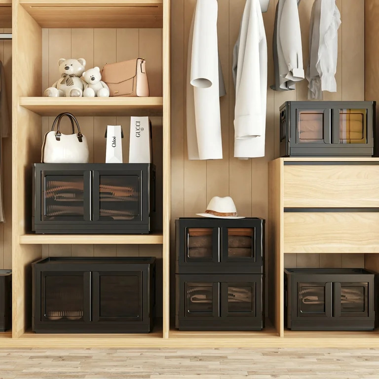 FLEXIMOUNTS Set of 3 Foldable Plastic Storage Bins 19Gal, Black Stackable Storage Organizer, Clos... | Walmart (US)