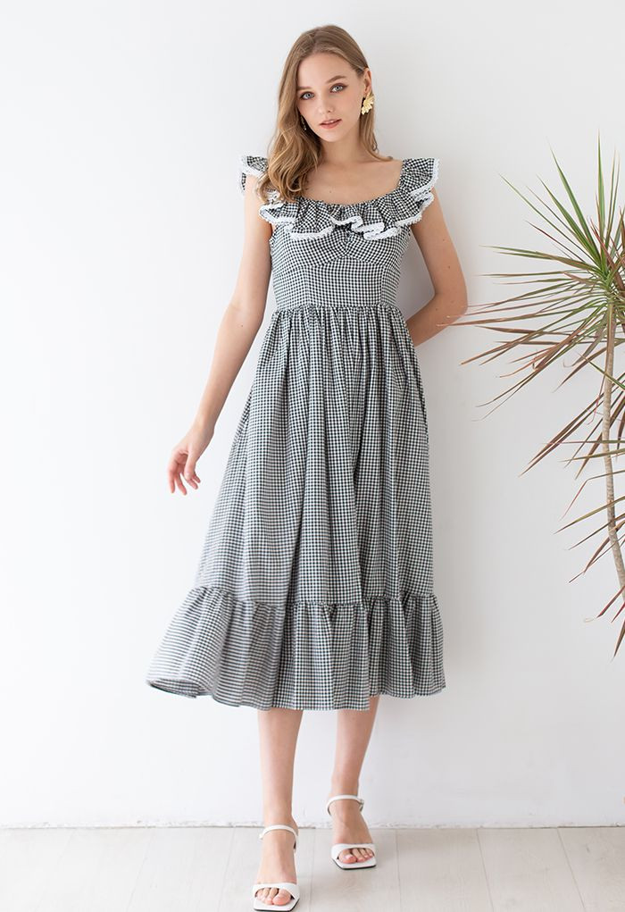 Gingham Ruffled Shoulder Frilling Dress in Black | Chicwish