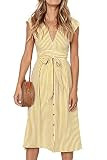 Alelly Womens Striped V Neckline Bohemian Waist Tie Partially Lined Sleeveless Midi Dress Yellow | Amazon (US)