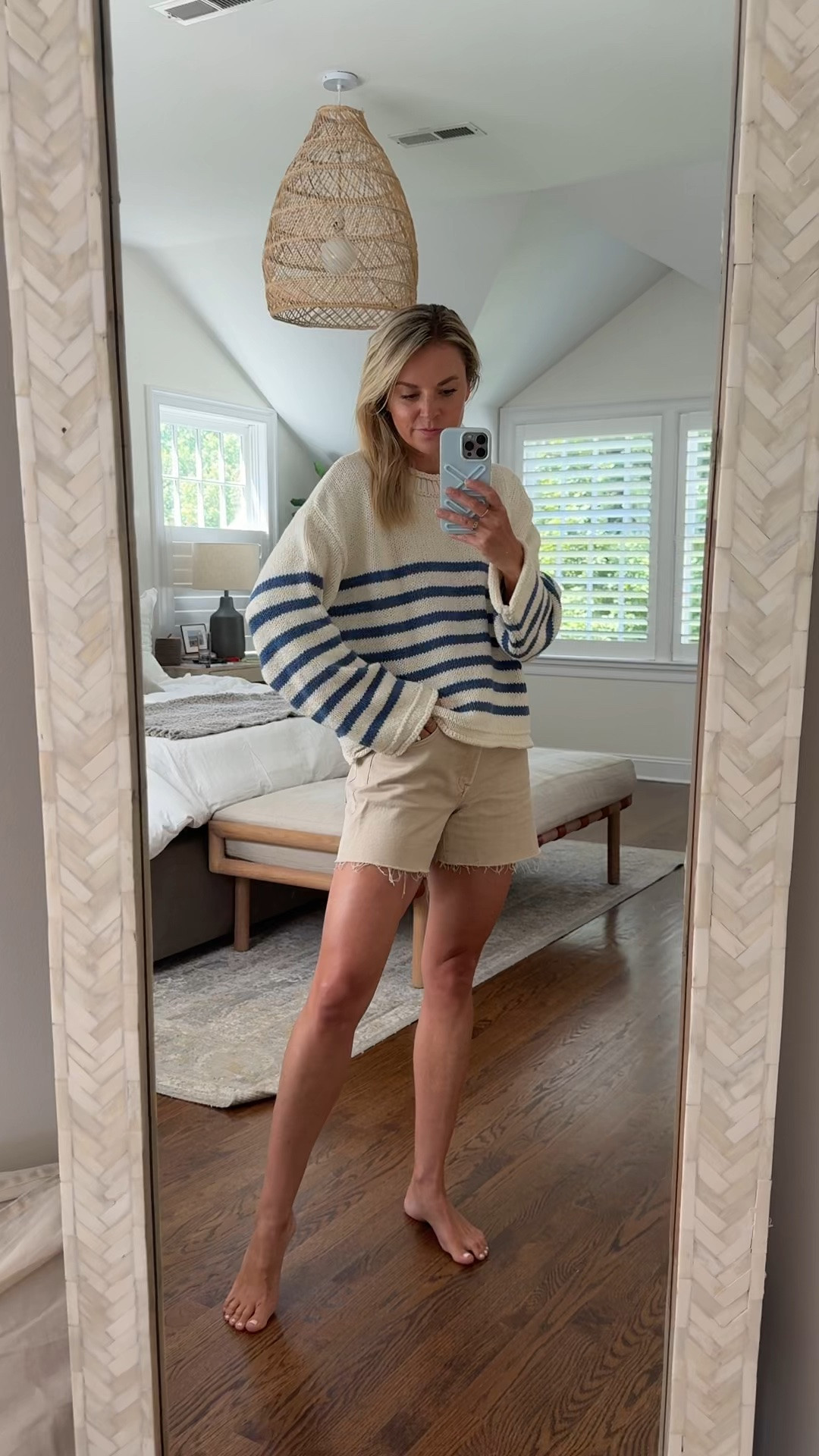 Bought this sweater in yellow and needed the blue striped one! 
•I sized up 1 to a medium in sweater 
•26 shorts, tts

#LTKmomlife #LTKgrwm