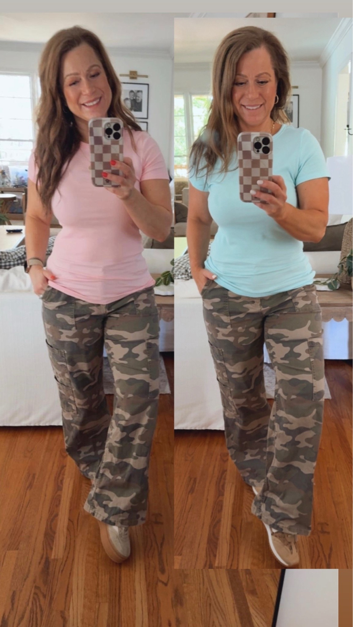 Today’s OOTD
:

Short sleeve everyday top- lots of colors 
Camo cargo pants (3 lengths)
Sneakers 
Layered necklaces 
Hoop earrings 



#LTKootd #LTKPetite #LTKMidsize