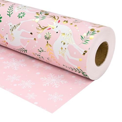 Altarho Pink Christmas Wrapping Paper - Reversible Gold Reindeer and Snowflakes, for Xmas, Holiday, Party Celebration (Pink Reindeer, 17 Inch X 100 Feet) | Amazon (US)