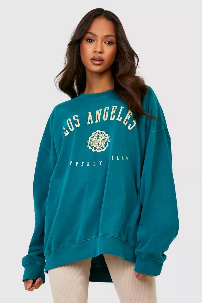 Overdyed Los Angeles Slogan Oversized Sweater | Boohoo.com (UK & IE)