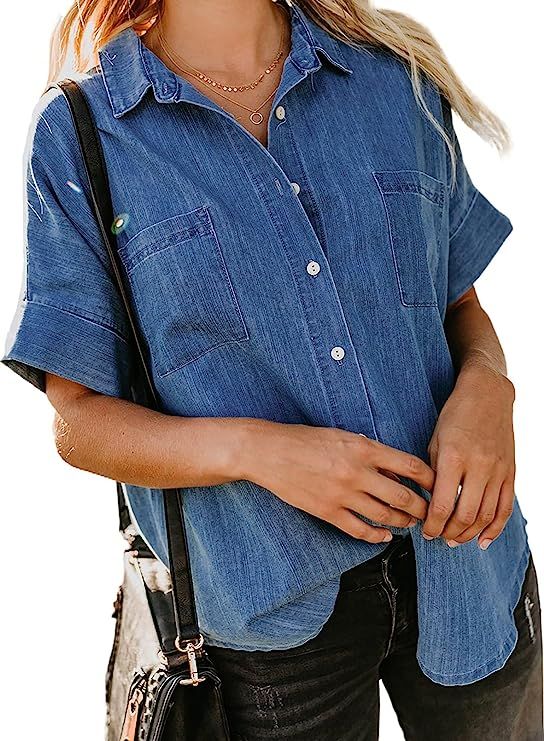 Dokotoo Blouses for Women Casual V Neck Short Sleeve Womens Denim Tops and Blouse | Amazon (US)