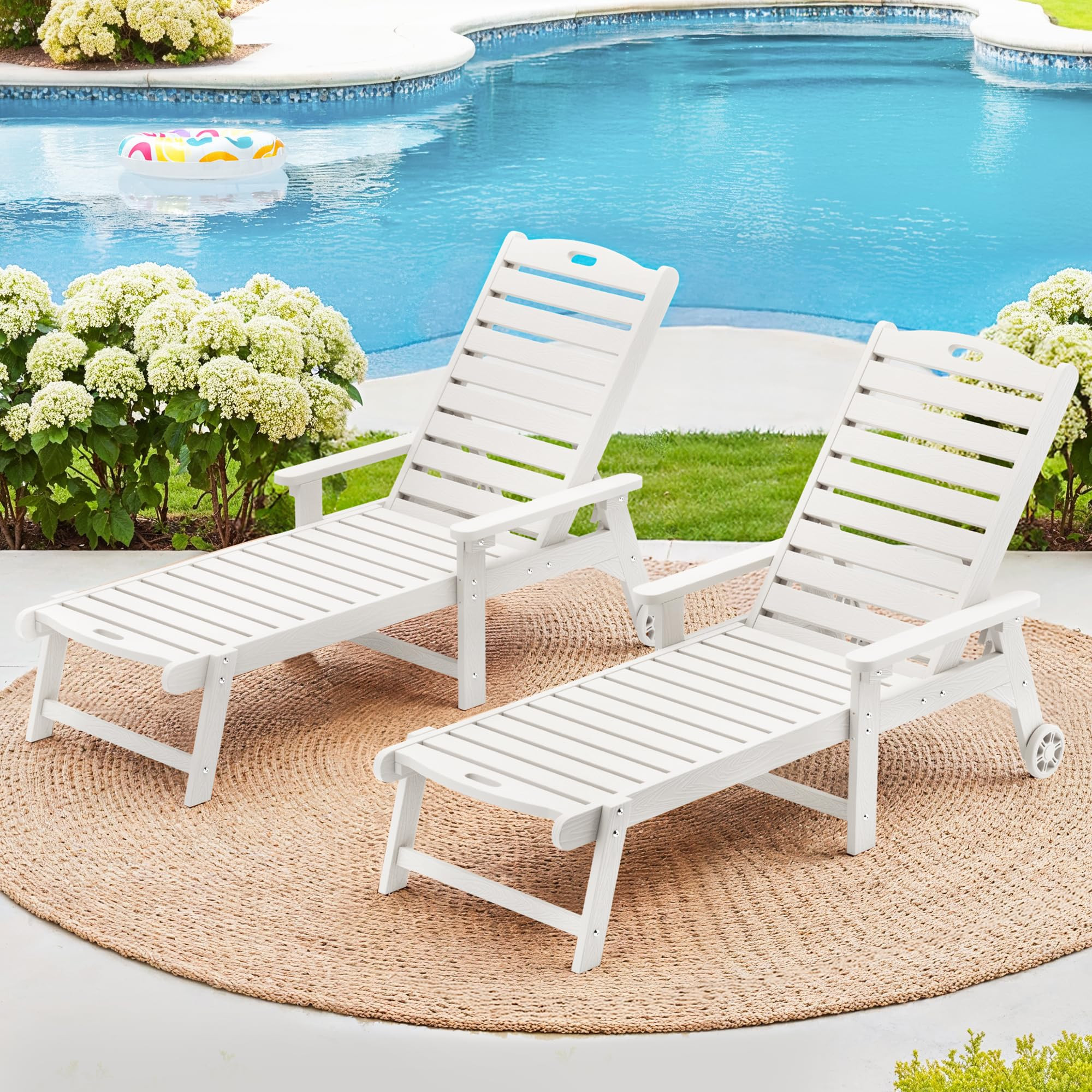 LUE BONA Outdoor Chaise Lounge Chairs Set of 2, HDPS Chaise Lounger, 5 Positions Adjustable Lounge Chairs, Pool Lounge Chair with Wheels for Poolside, 3 Year Warranty, White | Amazon (US)