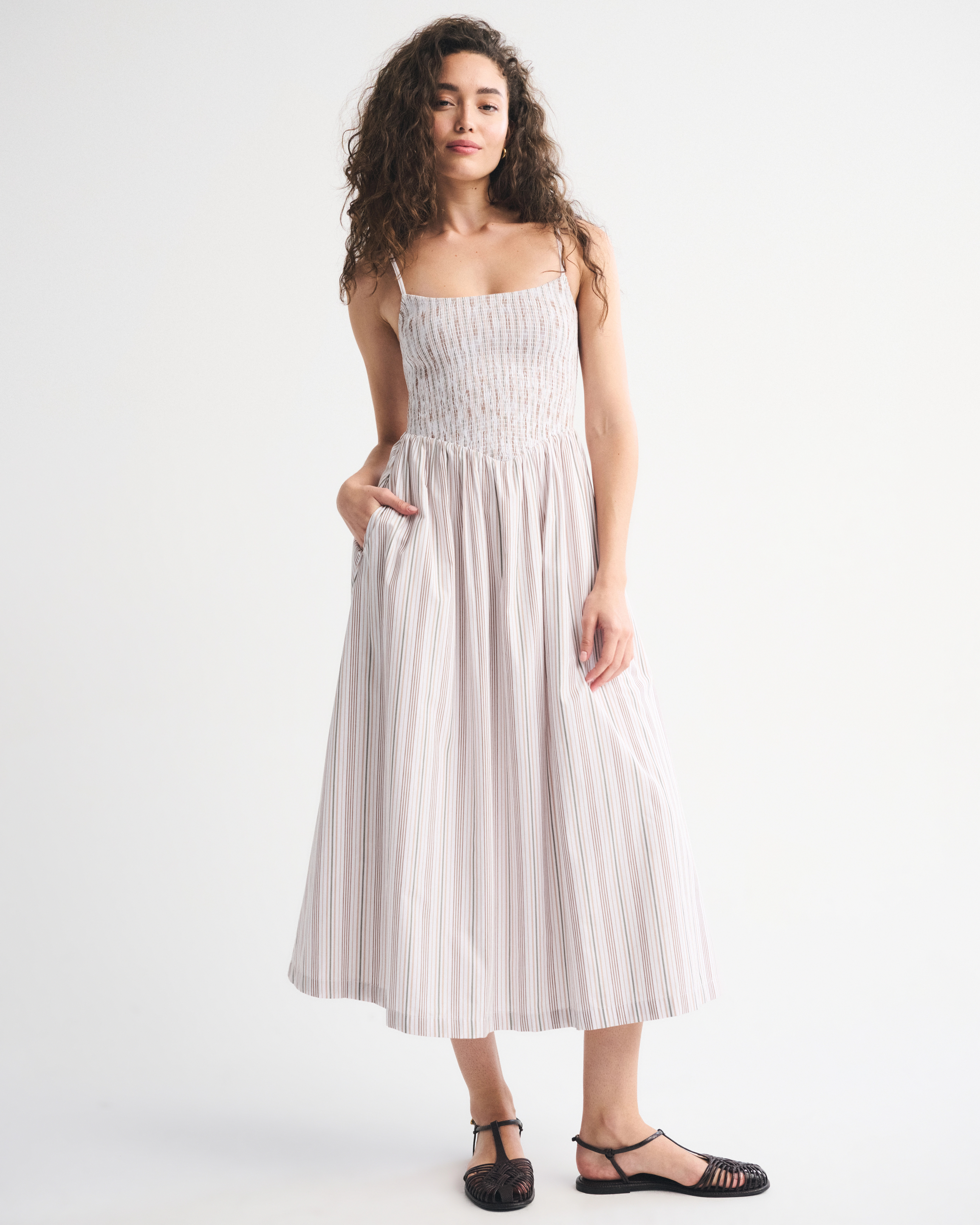 Dipped-Waist Smocked Midi Dress | Abercrombie & Fitch (US)