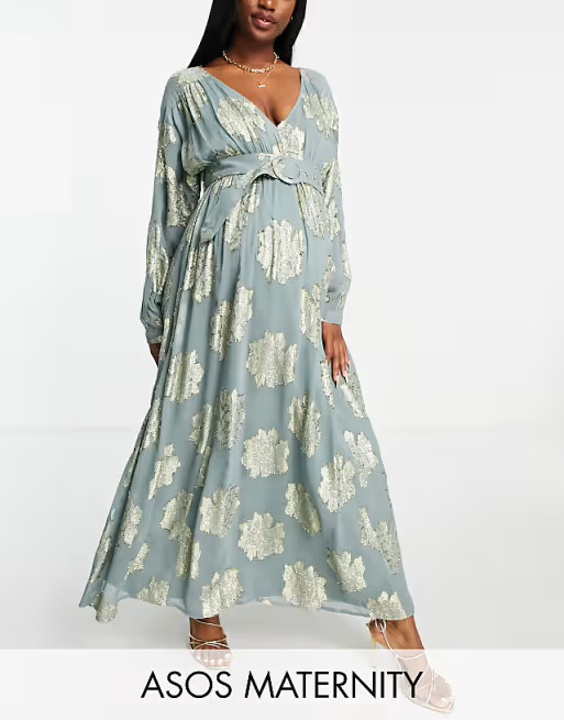 ASOS DESIGN Maternity belted batwing midi tea dress in metallic jacquard | ASOS (Global)