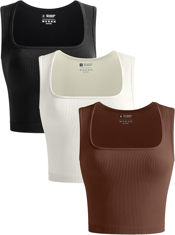 OLCHEE Womens 3 Pack Crop Tank Tops Seamless Ribbed Square Neck Tapered Shoulder Strap Sleeveless... | Amazon (US)