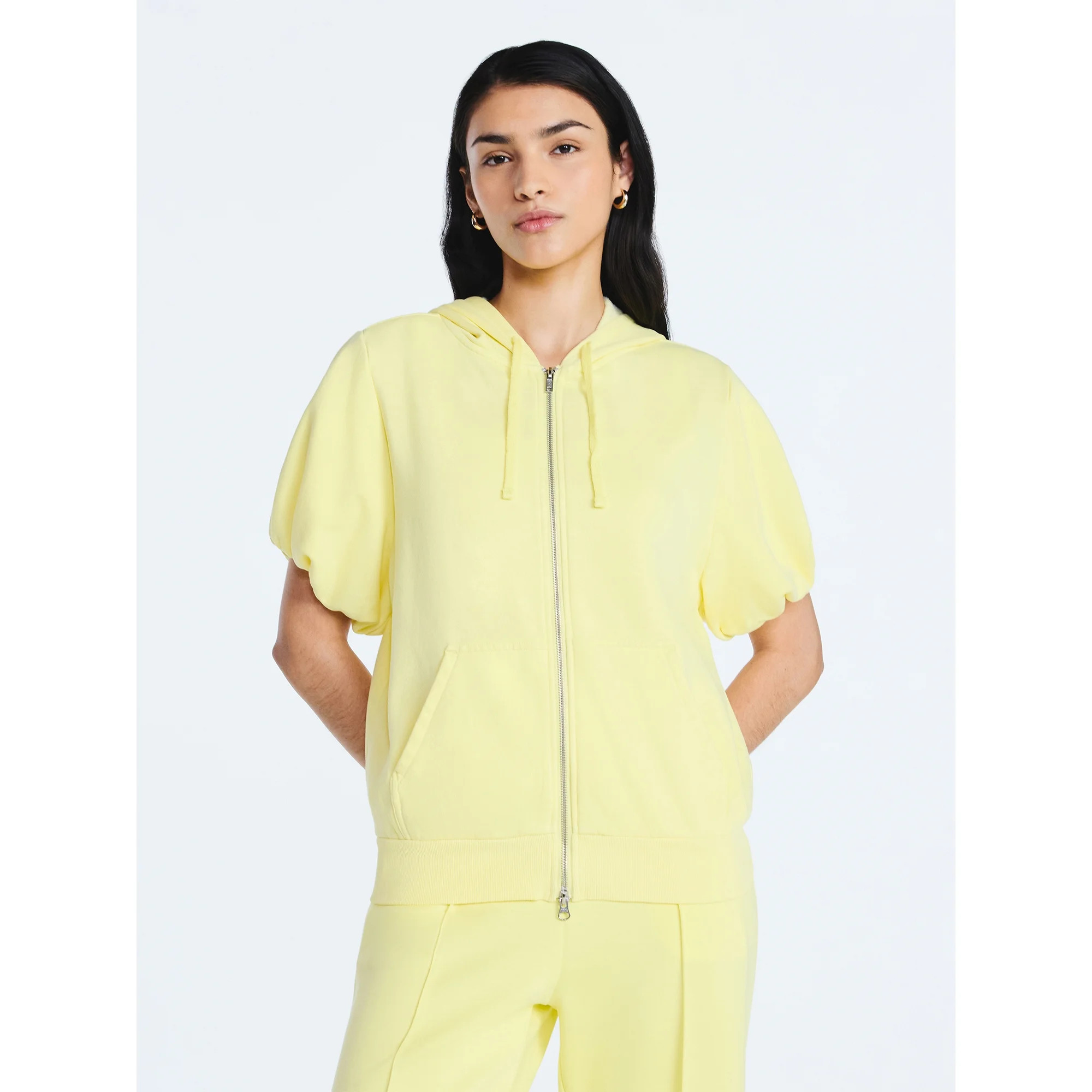 Scoop Women’s Mineral Washed Zip Hoodie with Short Puff Sleeves, Sizes XS-XXL | Walmart (US)