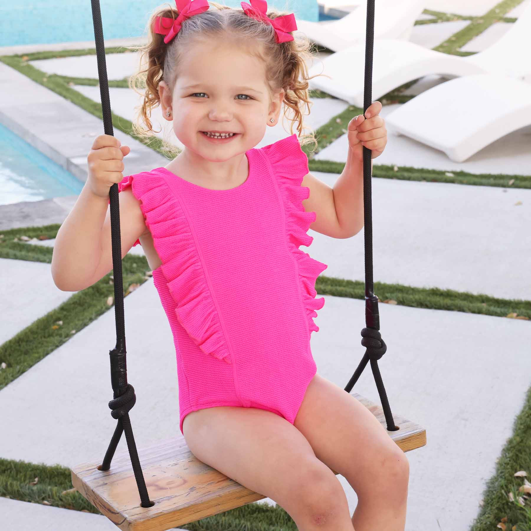 Double Ruffle Crinkle One-Piece | Neon Pink | Caden Lane