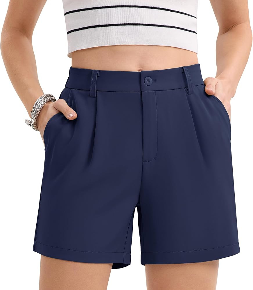 MAGCOMSEN Women's Shorts Dressy Casual Pleated Straight Leg Shorts Summer Elastic Waist Mid Rise ... | Amazon (US)