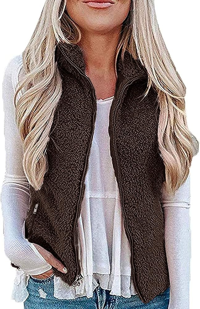MEROKEETY Women's Casual Sherpa Fleece Lightweight Fall Warm Zipper Vest with Pockets | Amazon (US)
