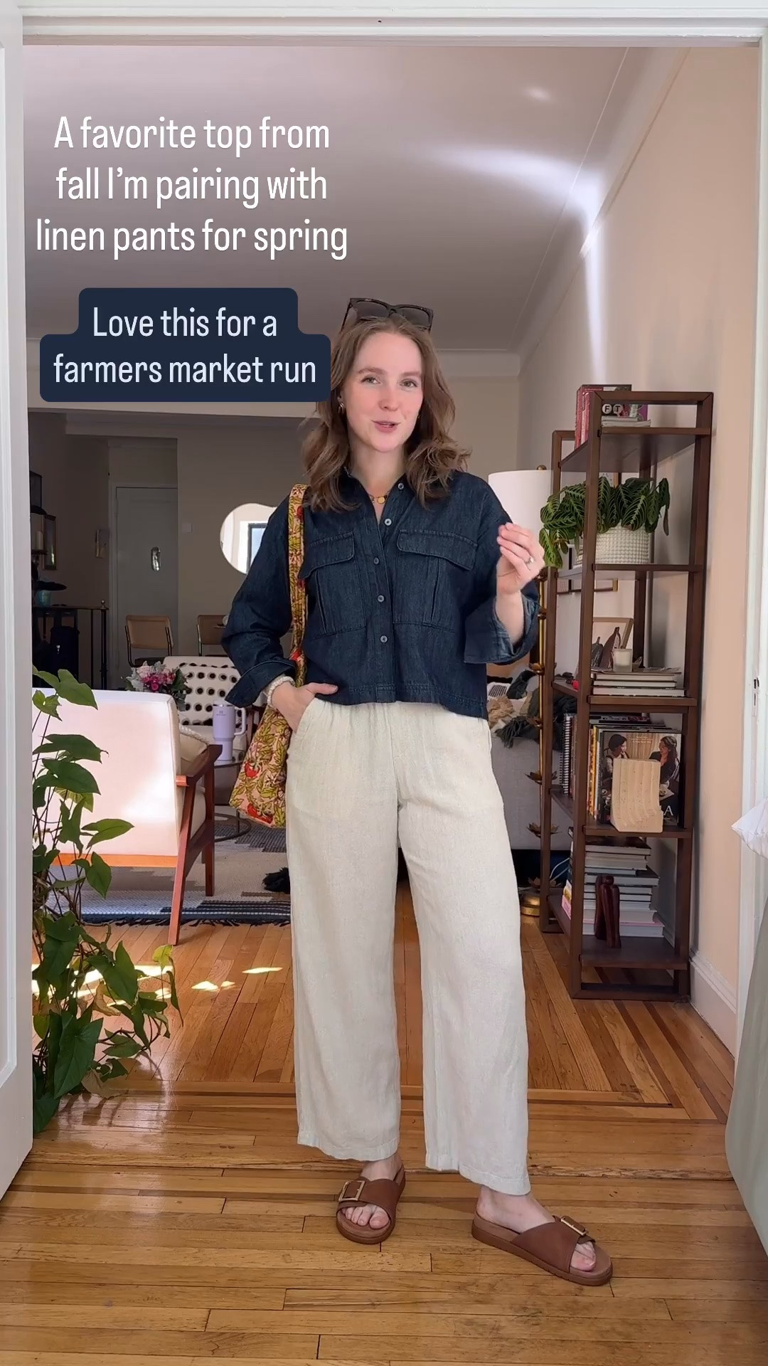 Clearance spring outfit for women. Farmers market run. Xs petite linen pants. Clearance cropped denim shirt. Wearing xs. Sandals are 7 (true to size)

#LTKPetite #LTKSaleAlert