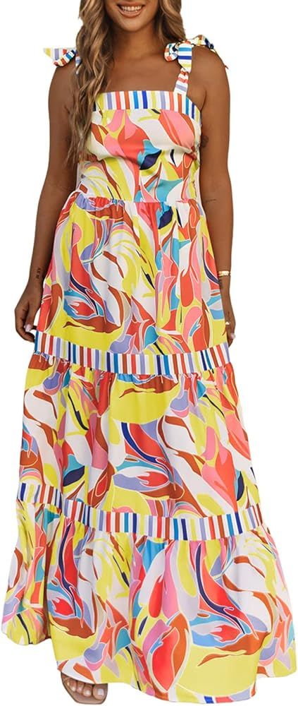 AlvaQ Women's 2024 Summer Sleeveless Floral Print Maxi Dress Strap Square Neck Beach Sun Dress | Amazon (US)